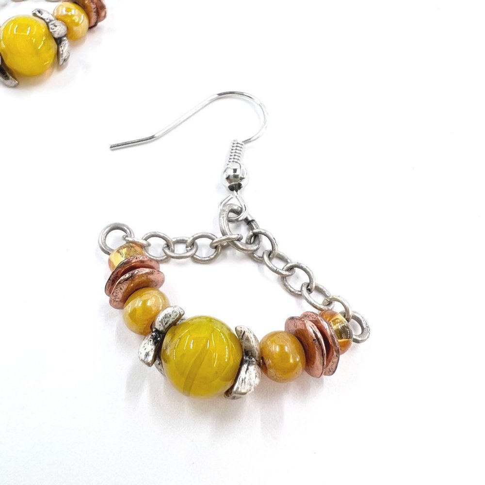 NWT – Chico’s – BOHO Yellow & Copper Beaded Silver Tone Dangle Fishhook Earrings - Picture 5 of 8